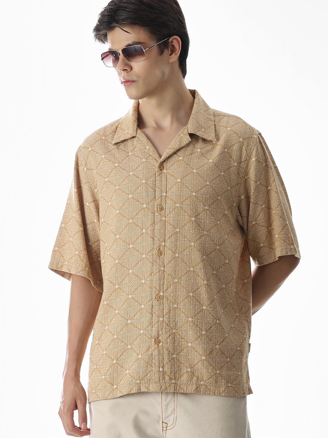 Jack & Jones Geometric Printed Cuban Collar Cotton Oversized Casual Shirt-picture-34