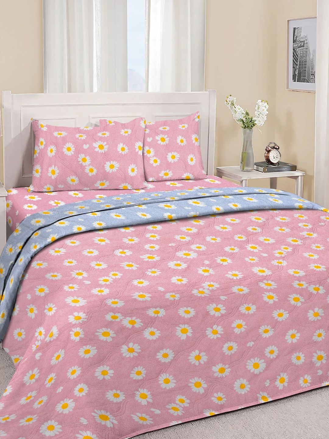Myntra Elegant Homes Pink Floral Polycotton 4 Piece Double King Bedding Set