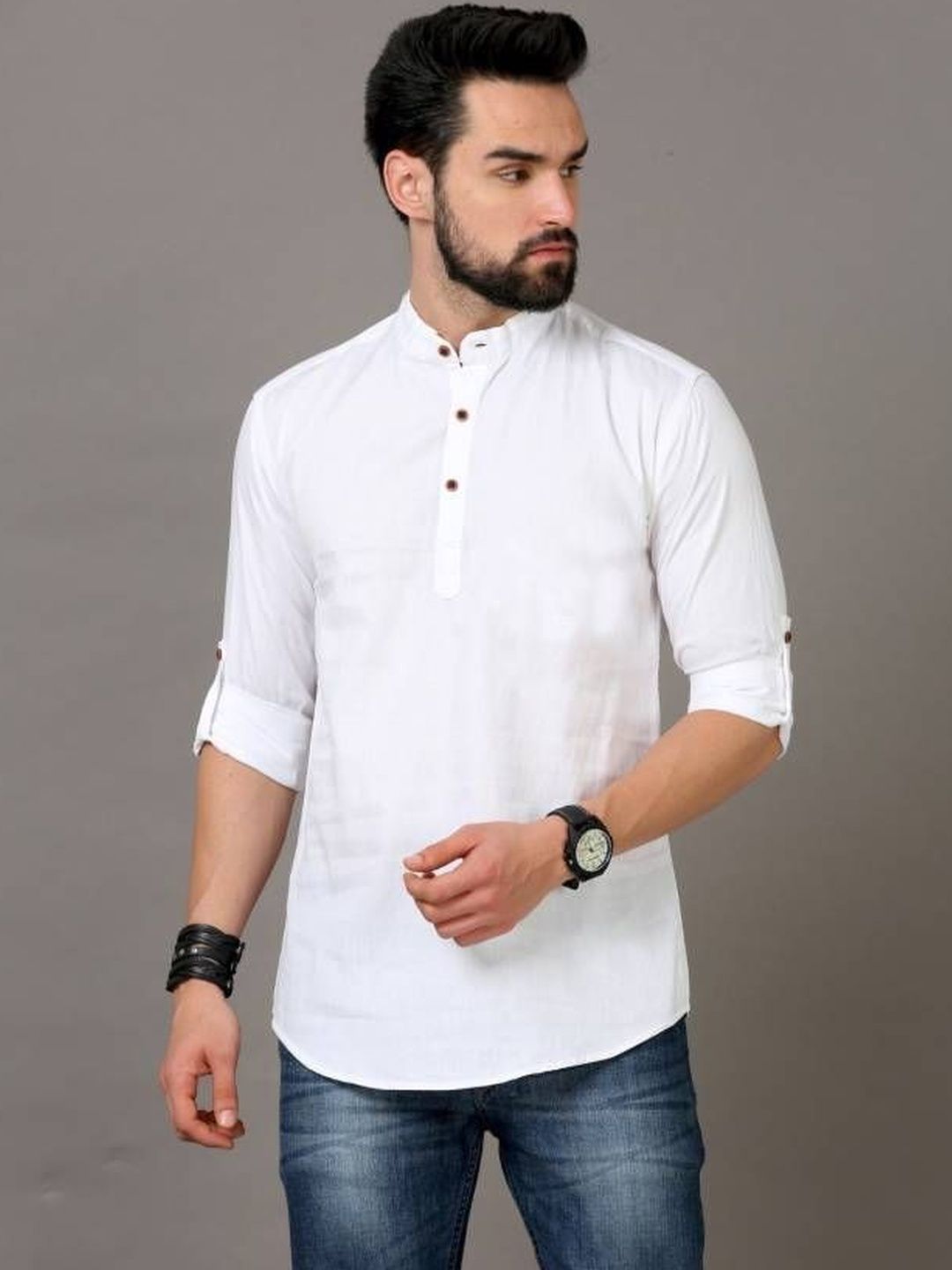 Eleni Trendz Men Solid Mandarin Collar Shirt Style Kurta-image-46