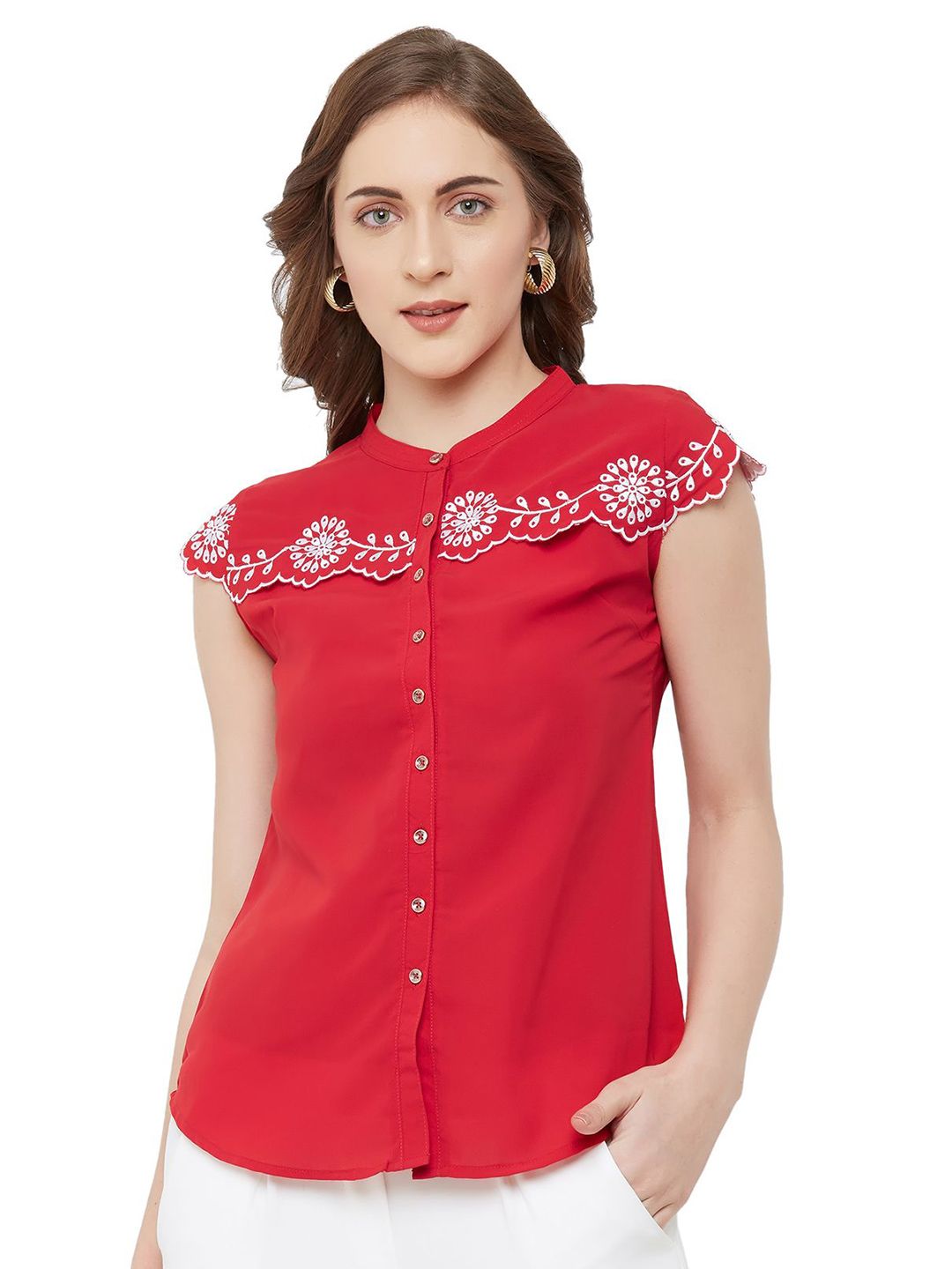 G0-4 IT Women Floral Embroidered Mandarin Collar Georgette Shirt Style Top-picture-20