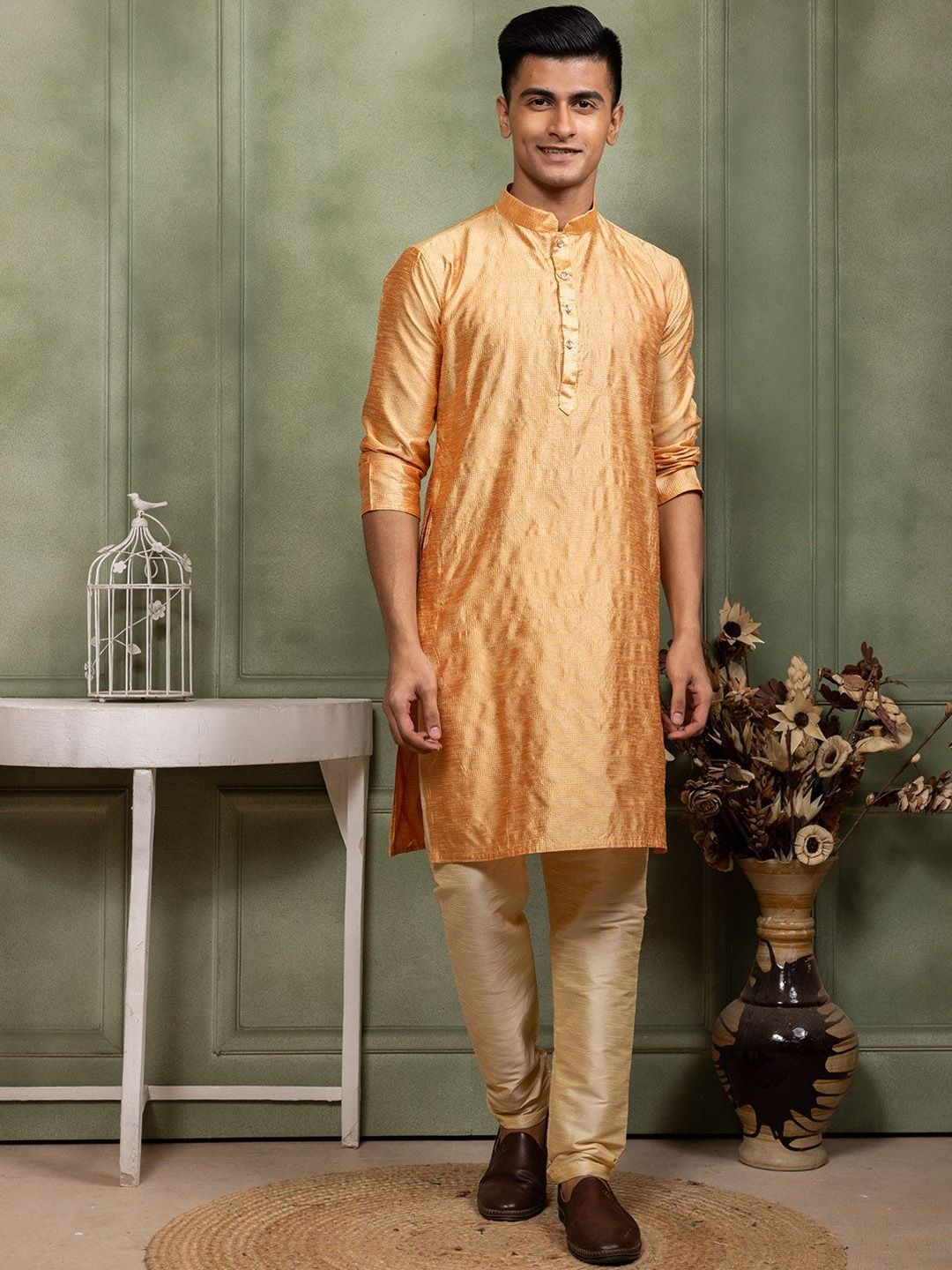 PulseIQ Men Woven Design Dupion Silk Straight Kurtas-picture-15