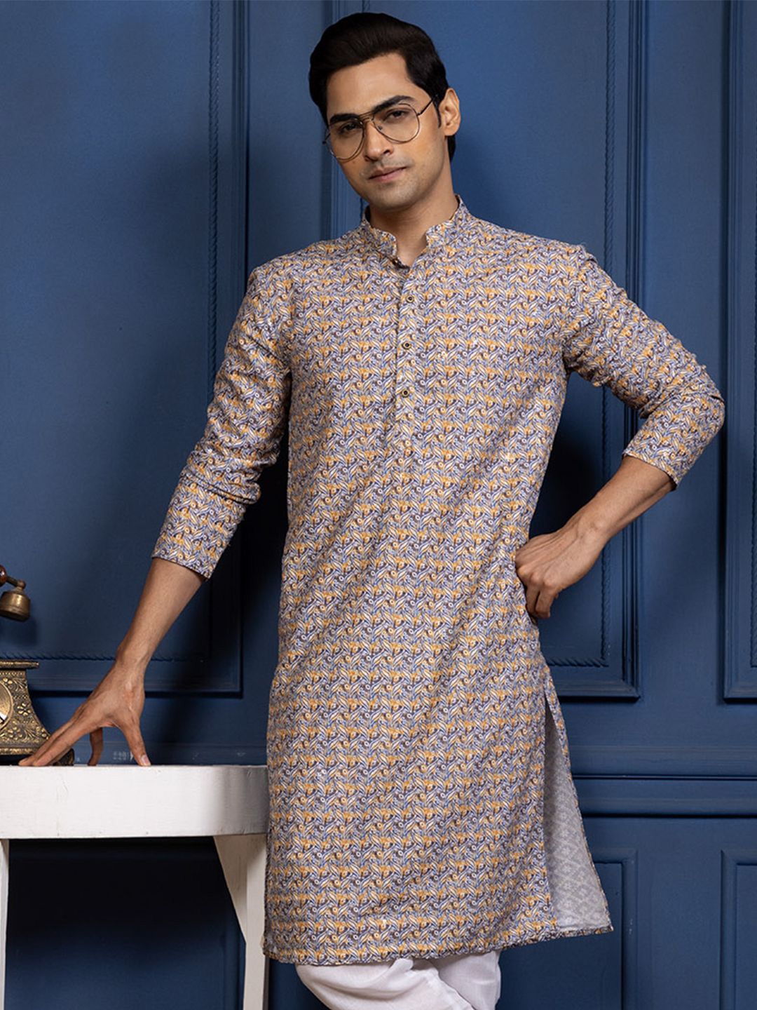 DEVOILER Floral Printed Mandarin Collar Cotton Straight Kurta-picture-13