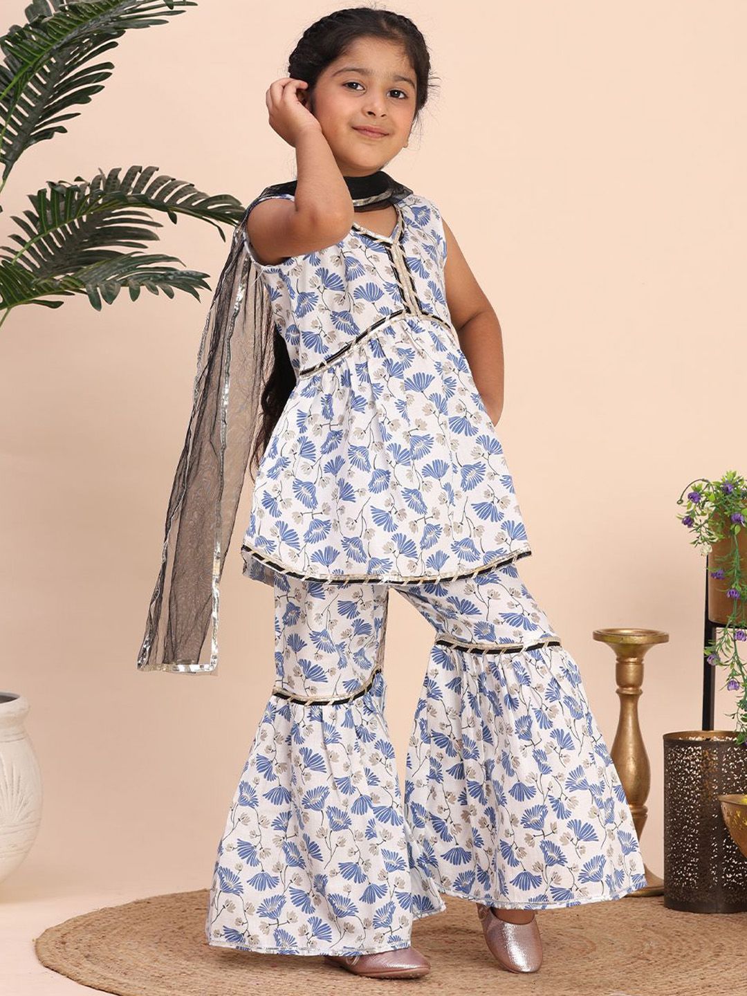 Cutiekins Girls Floral Printed V-Neck Gotta Patti A-Line Kurta With Sharara & Dupatta-picture-18