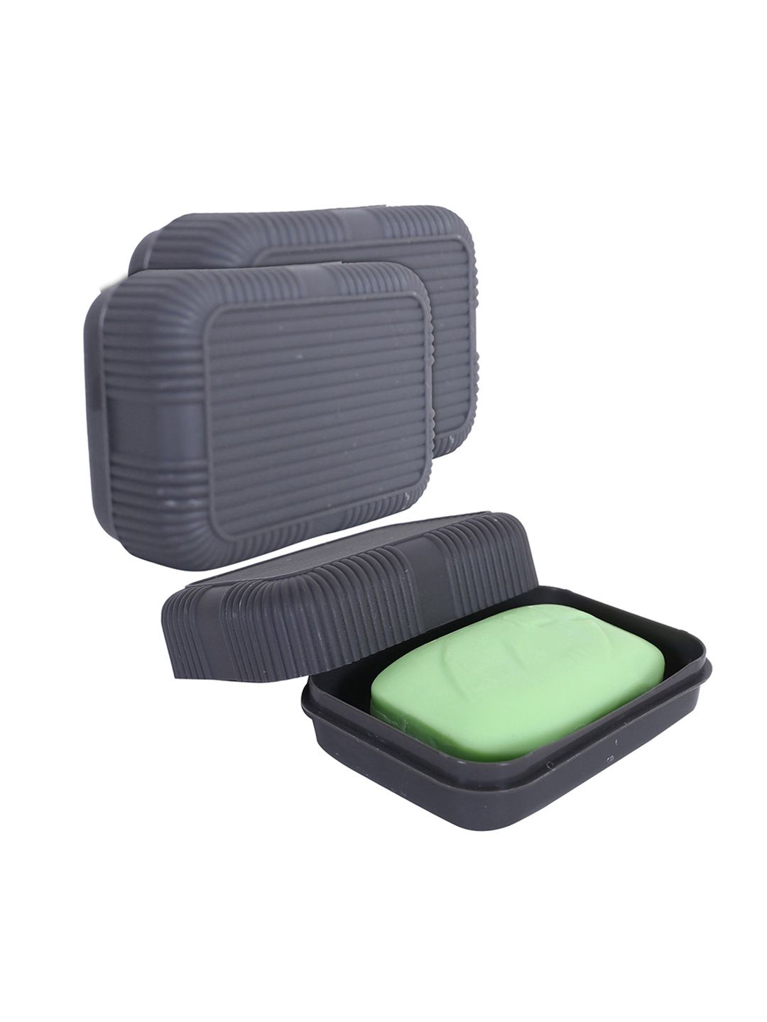 Kuber Industries Grey 3 Pcs Textured Self Draining Soap Holder With Lid-image-36