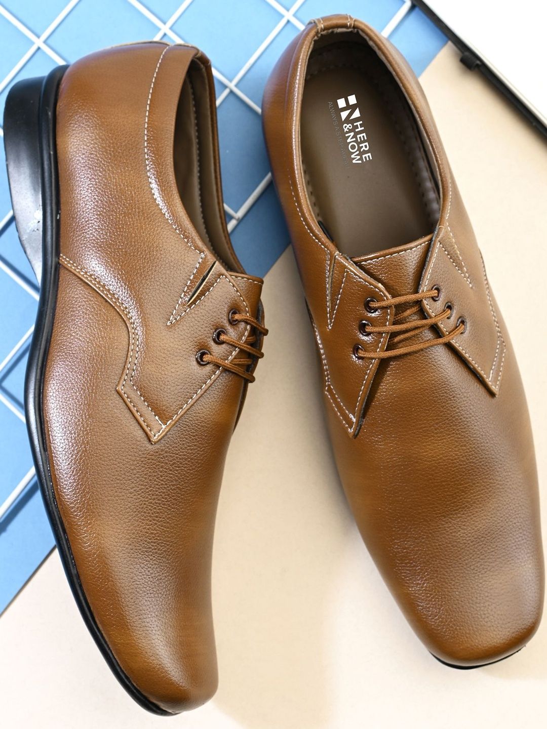 HERE&NOW Tan Synthetic Leather Derbys Formal Shoes-image-9