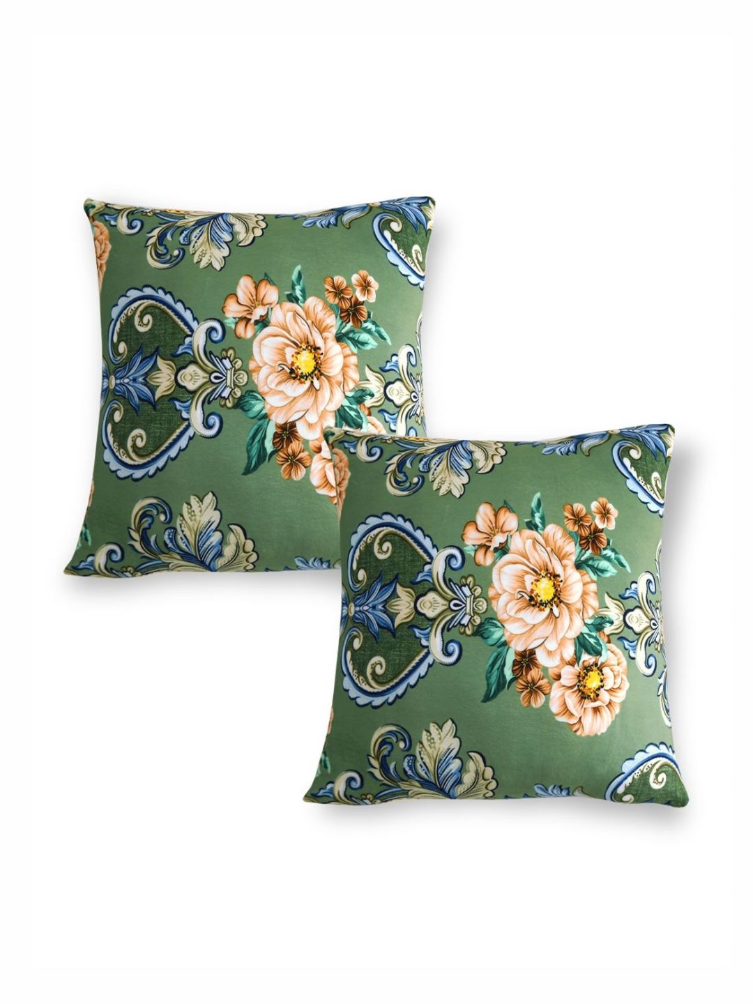HOKIPO Green & Orange 2 Pieces Floral Velvet Square Cushion Covers-picture-21