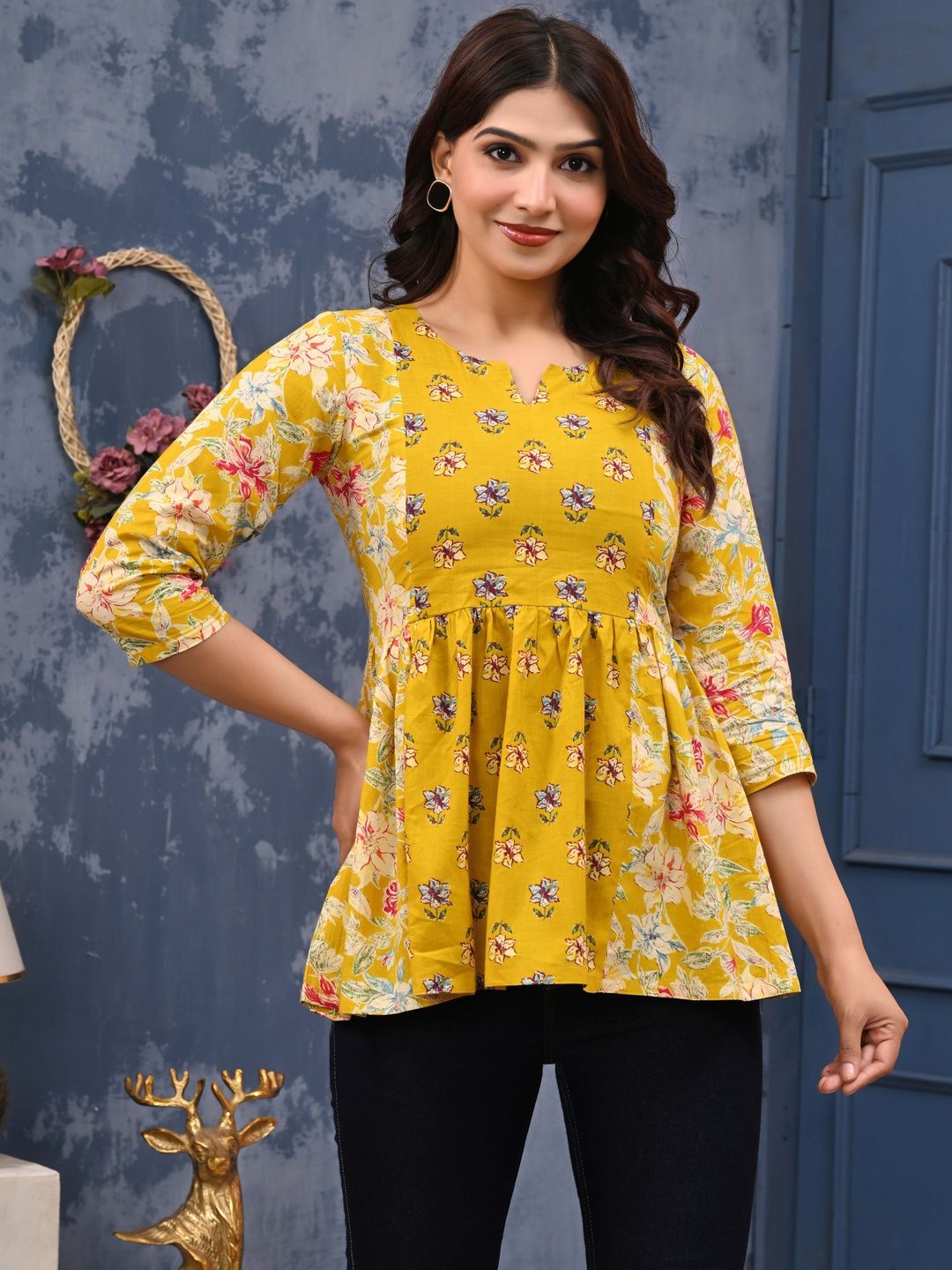 LABEL ADRIJA Women Yellow Double Printed Anarkali cotton Short Kurti-picture-34