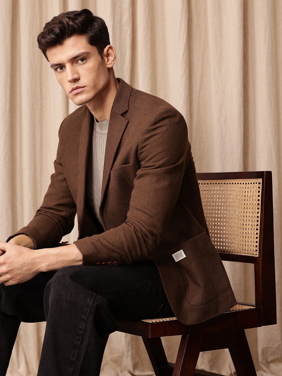 mr bowerbird Mr. Bowerbird Tailored Fit Self Design Textured Notched Lapel Casual Blazer-picture-37