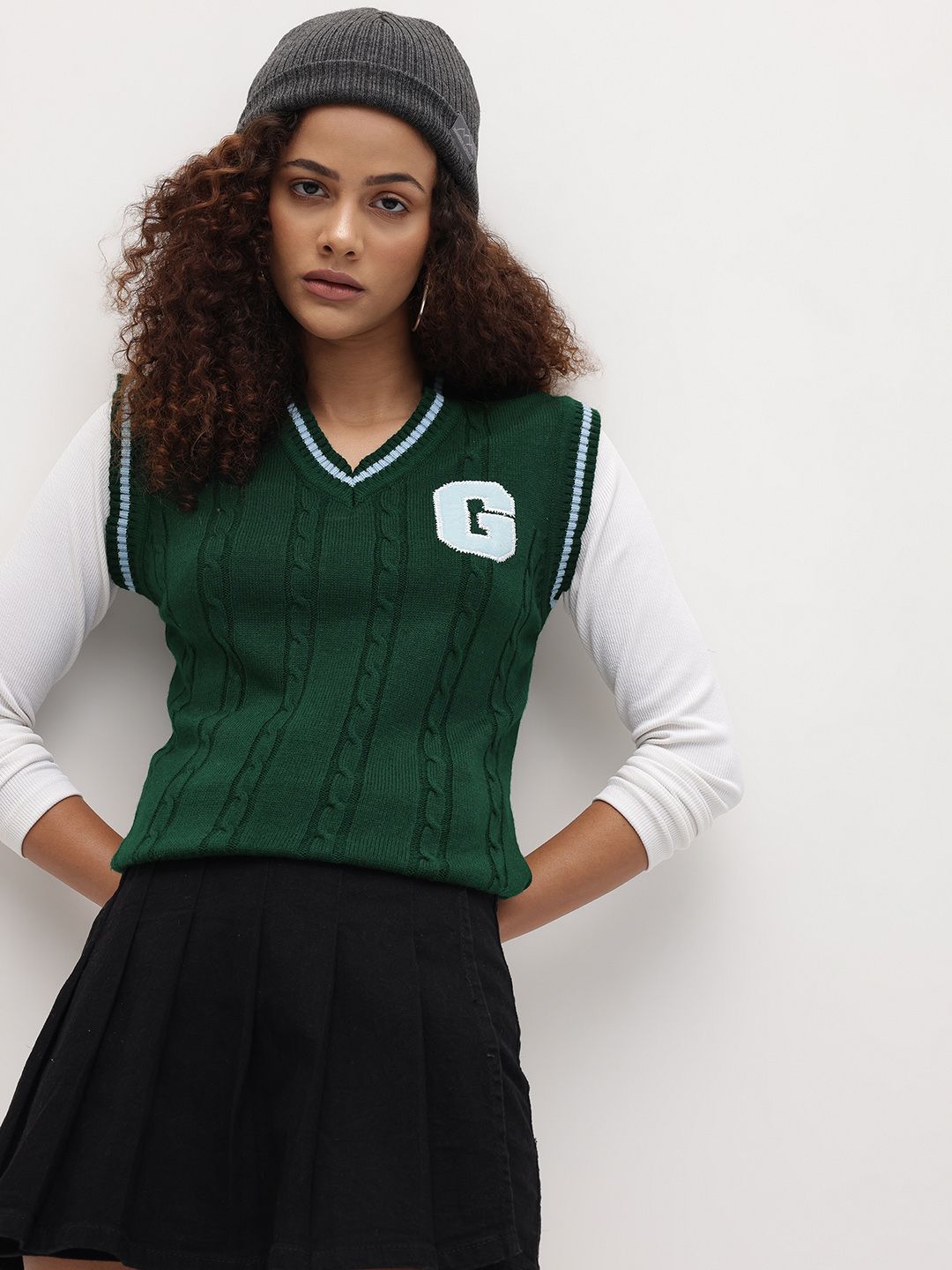 The Roadster Lifestyle Co. Cable Knit Varsity Sweater Vest with Applique Detail-image-4