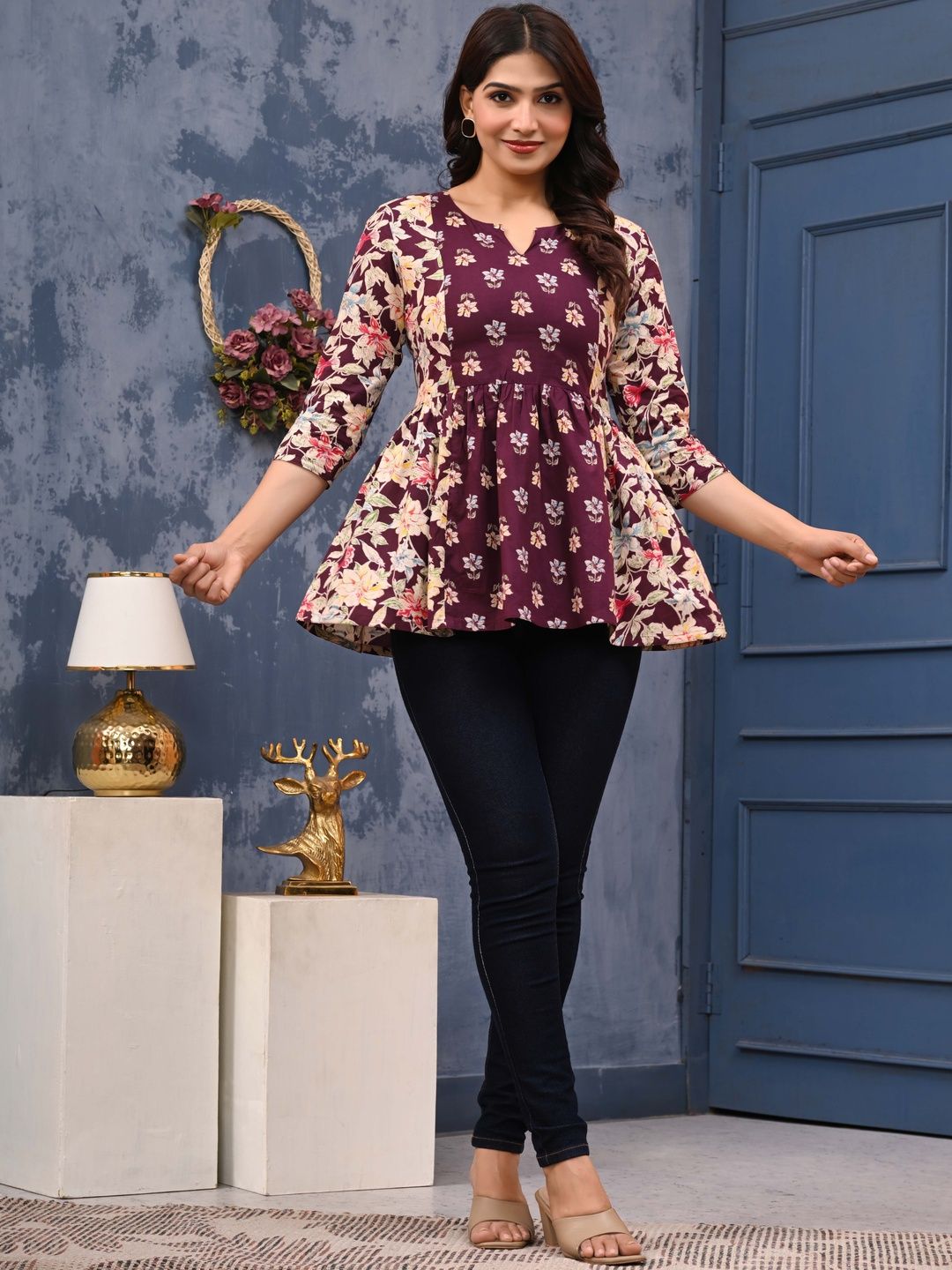 LABEL ADRIJA Women Purple & Beige Floral Printed Cotton Peplum Top-picture-55