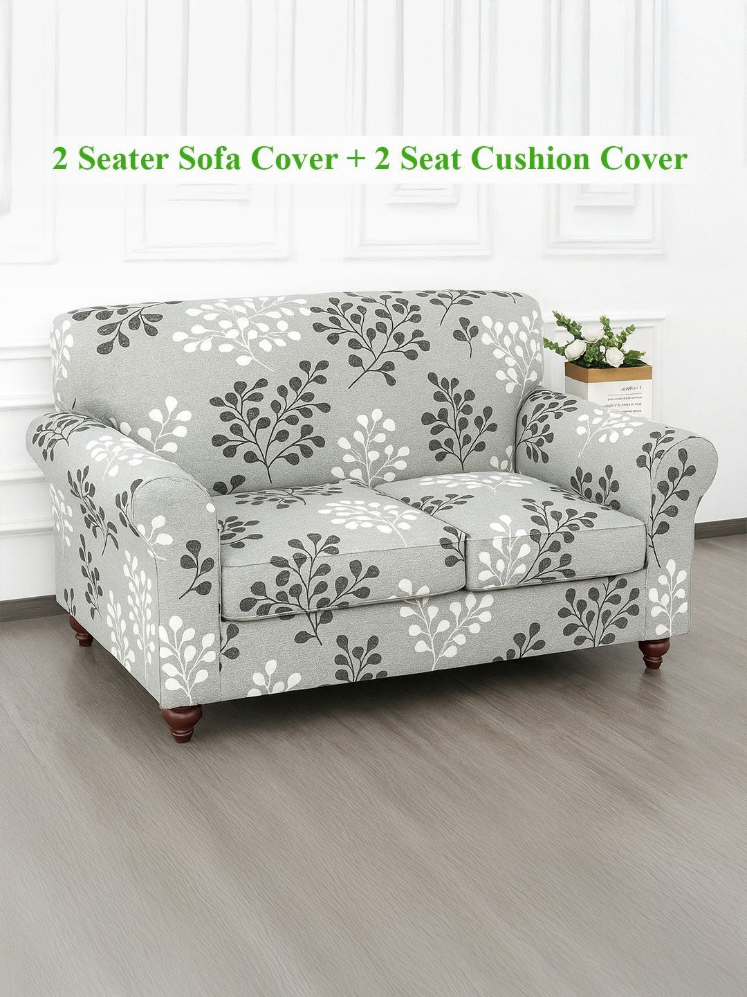 HOKIPO Misty Branches Grey & White 3 Pieces Printed 2 Seater Sofa Cover With Arms-image-46