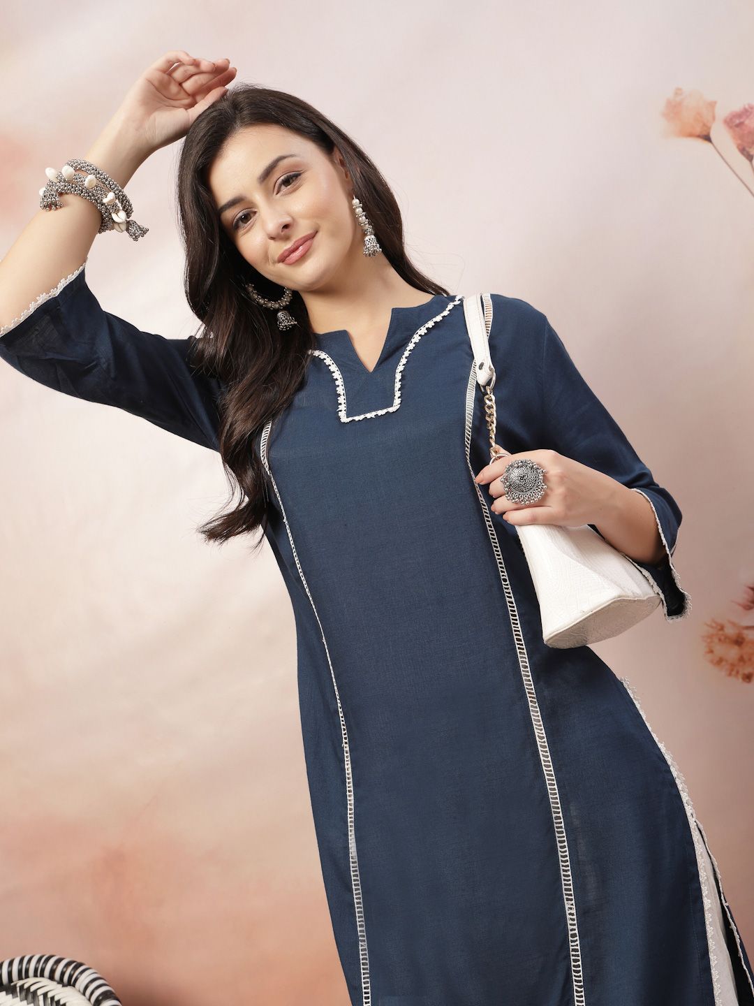 Anouk Rustic Self Design Notch Neck Straight Kurta With Trousers