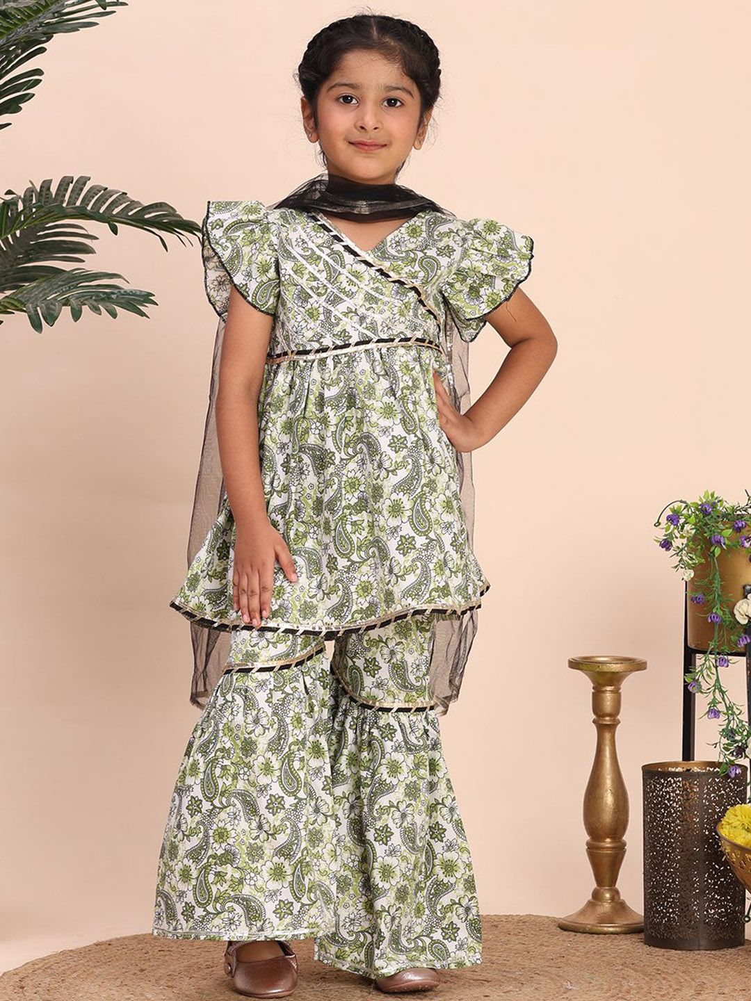 Cutiekins Girls Floral Printed Angrakha Gotta Patti Kurta with Sharara & Dupatta-picture-11