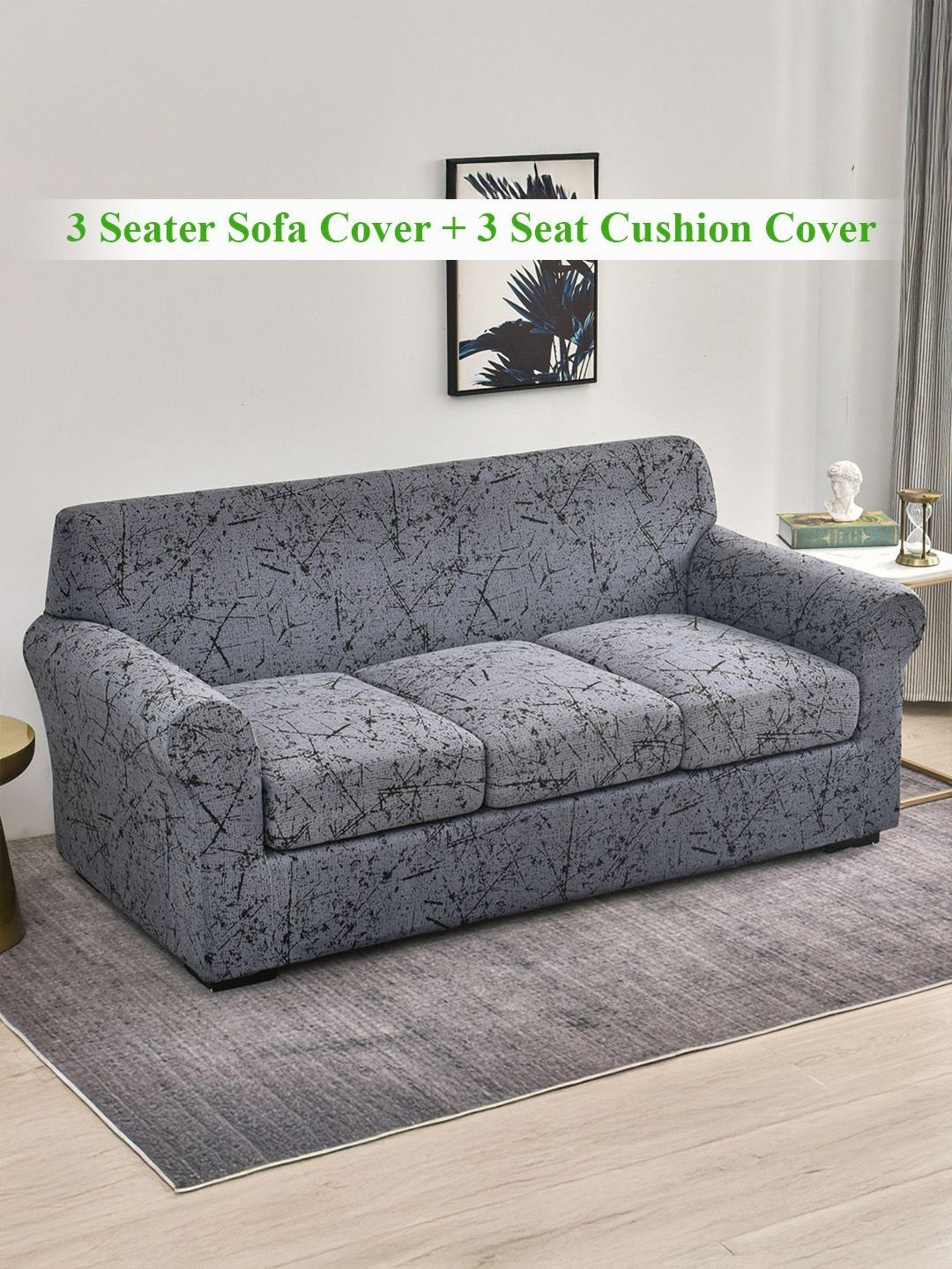 HOKIPO Grey & Black 4 Pieces Printed Stretchable Sofa Covers With Arms-picture-26