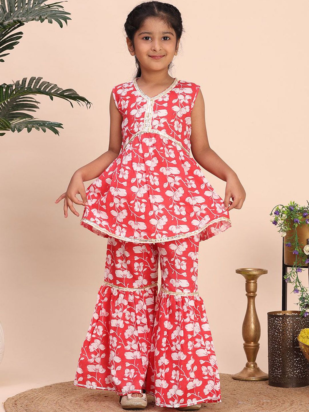 Cutiekins Girls Floral Printed V-Neck Gotta Patti Kurta with Sharara & Dupatta-picture-19
