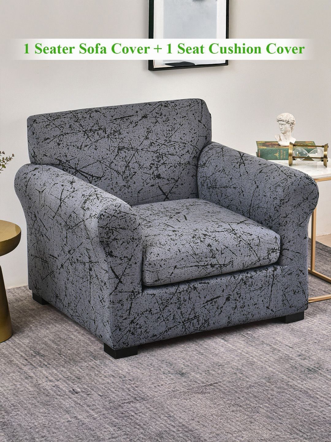 HOKIPO Grey & Black Printed 1 Seater Sofa Cover With Arms-picture-15