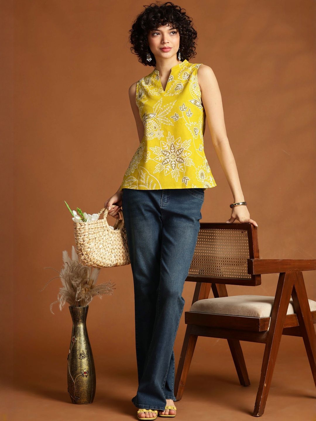 Women Yellow Floral Notch Collar Shirt With Lounge Pants