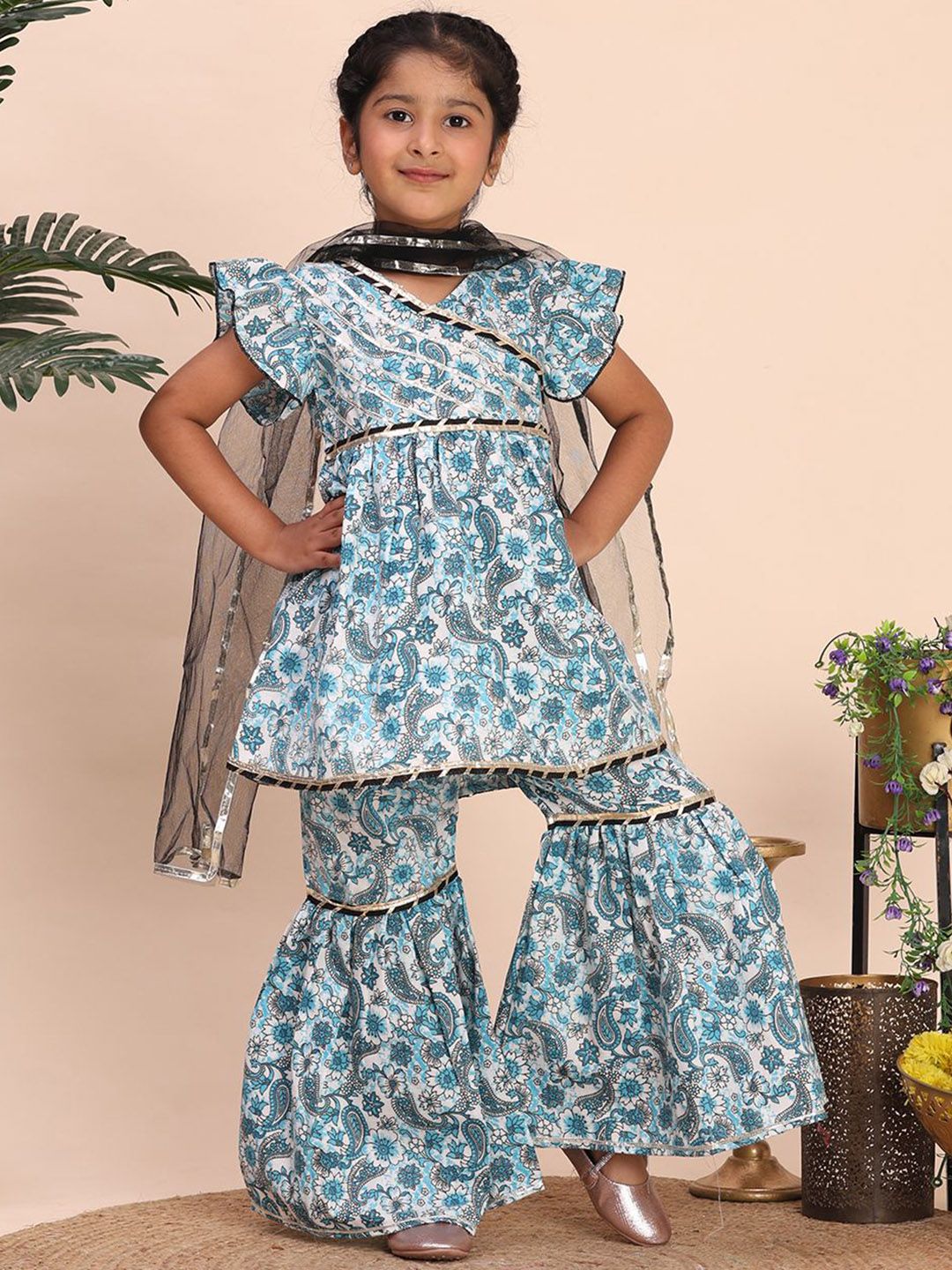 Cutiekins Girls Floral Printed V-Neck Gotta Patti A-Line Kurta With Sharara & Dupatta-picture-21