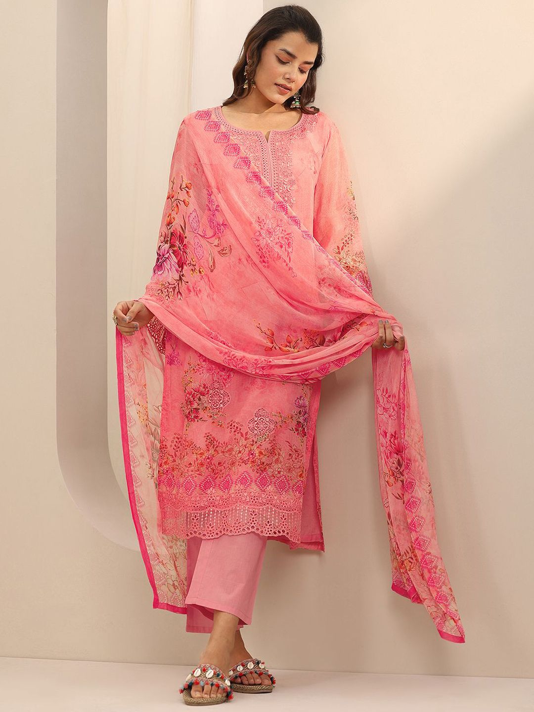 Libas Floral Embroidered Round Neck Beads & Stones Kurta With Trousers & Dupatta-image-0