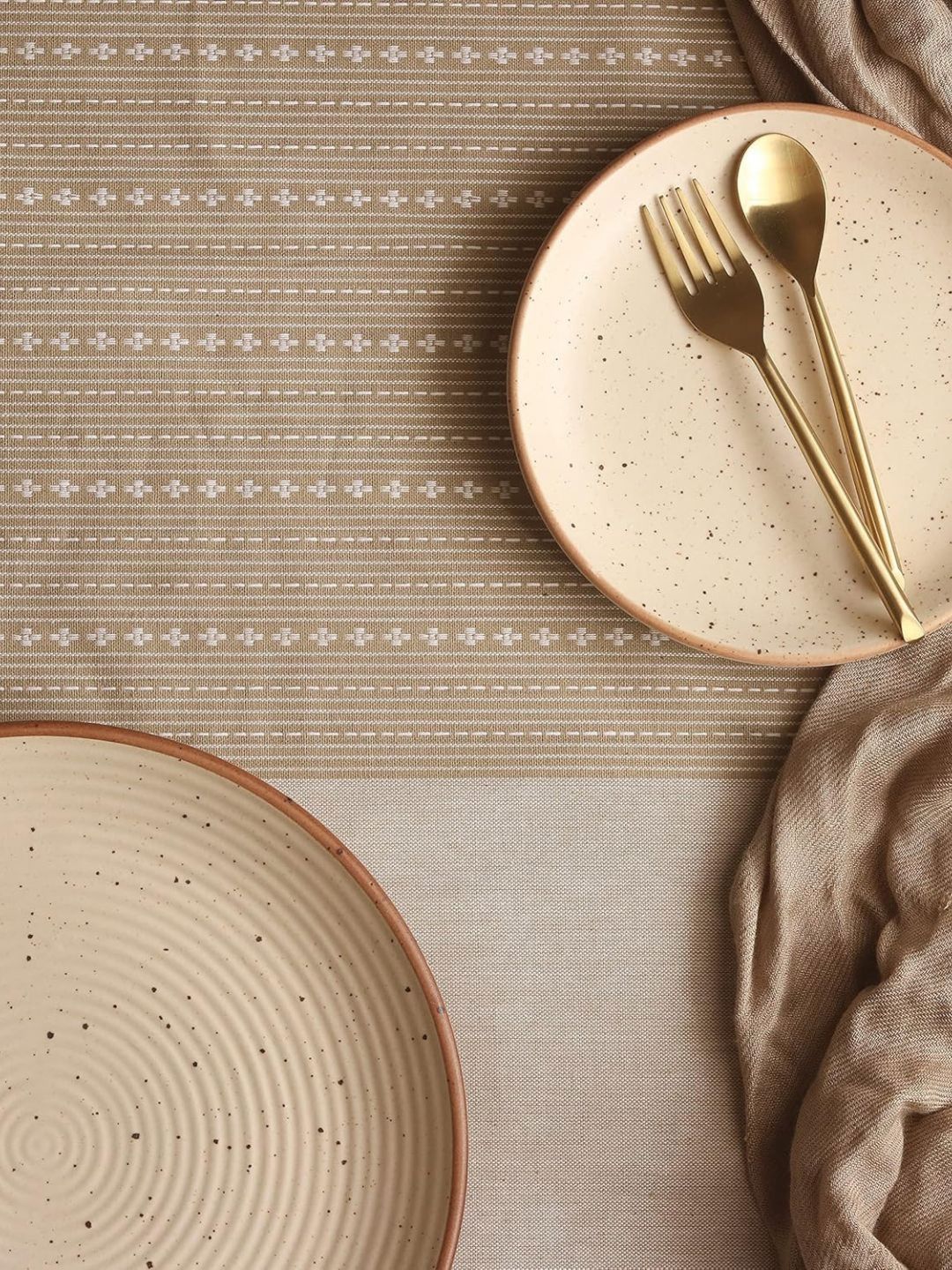 The Yard House Beige Striped Anti-Skid Cotton 8-Seater Table Cover with Textured details-picture-38