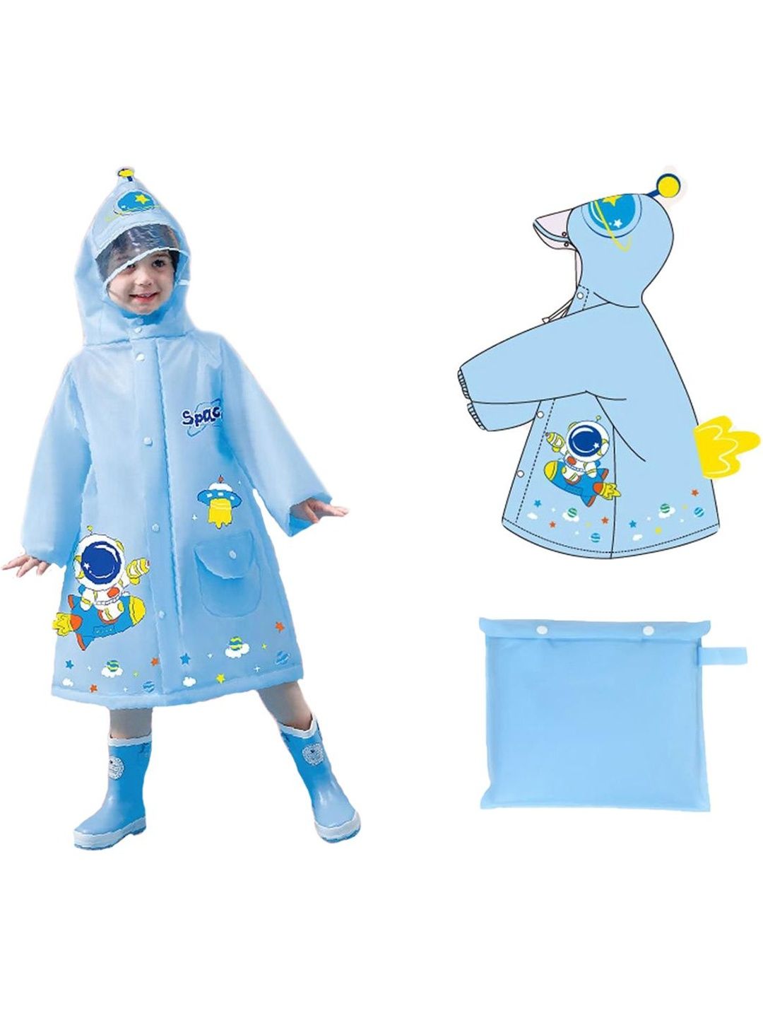 Bold N Elegant Kids Unisex 3D Blue Astronaut Raincoat with Hood & Storage Pouch
