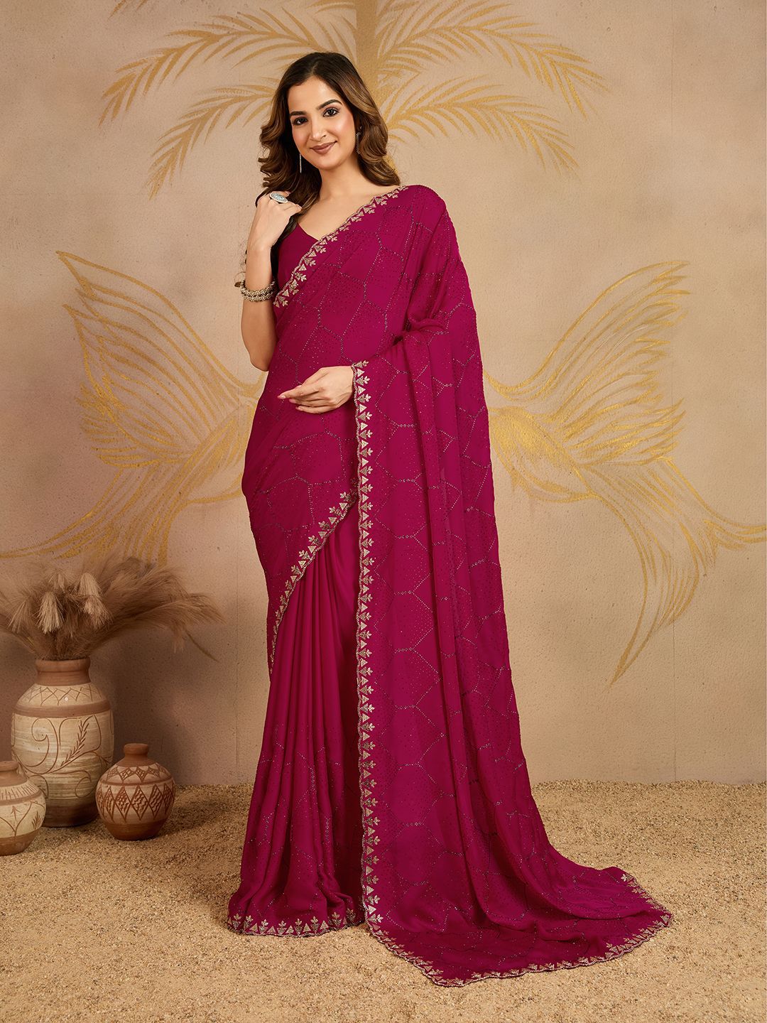 Trendmalls Geometric Embellished Beads and Stones Saree with Blouse Piece-picture-43