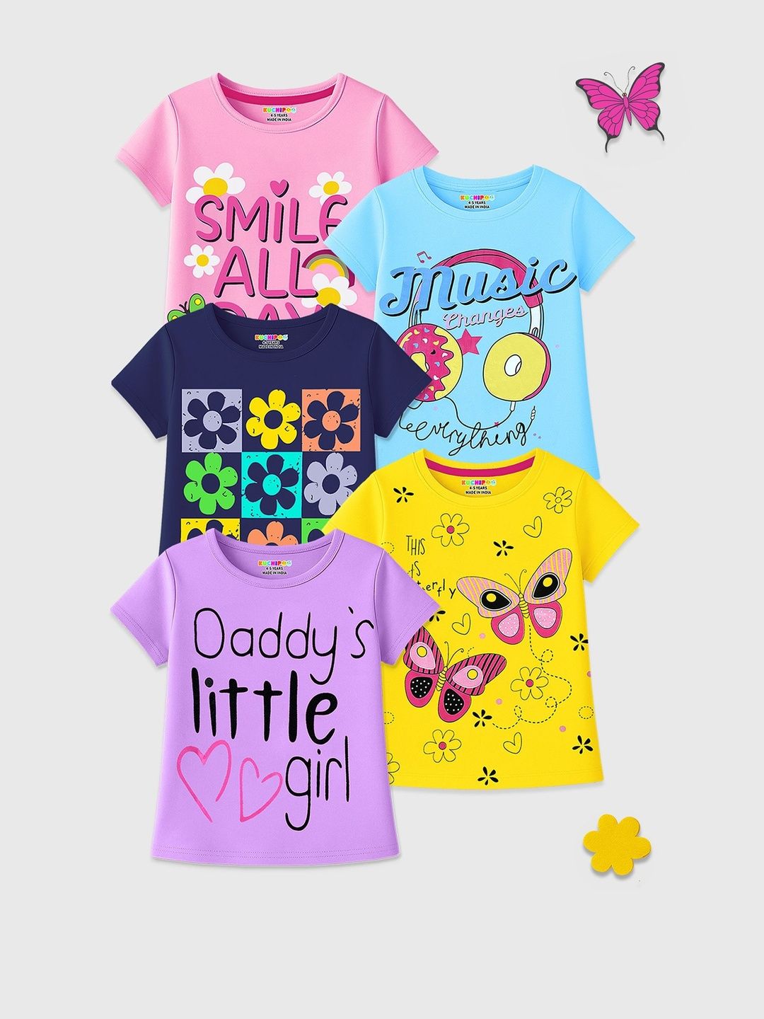 KUCHIPOO Girls Pack Of 5 Typography Printed T-shirts-picture-26