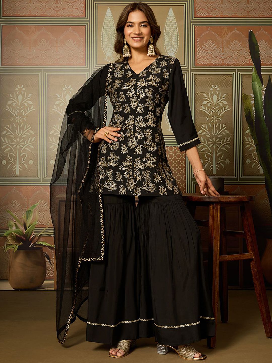 House of Pataudi Women Floral Embroidered Kurta with Sharara & Dupatta-picture-38