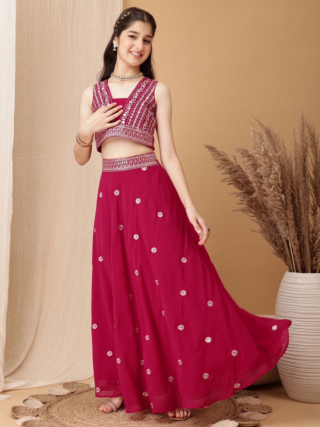 Inddus Girls Embroidered Sequinned Ready to Wear Lehenga & Blouse-picture-11