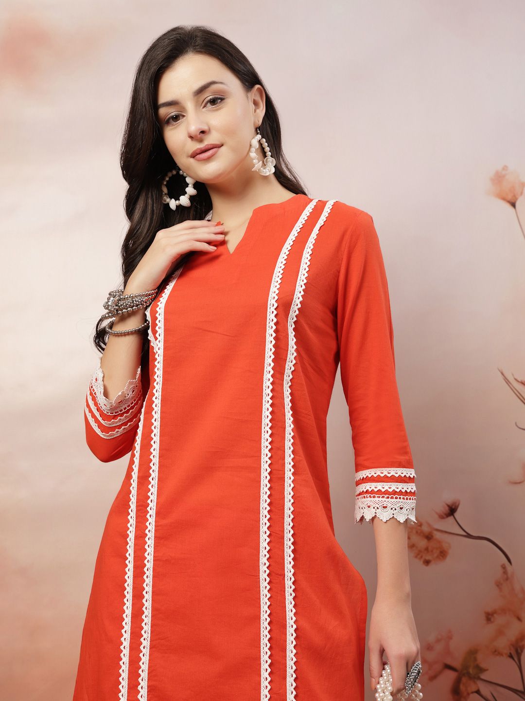 Anouk Rustic Self Design Notch Neck Pure Cotton Straight Kurta With Trousers