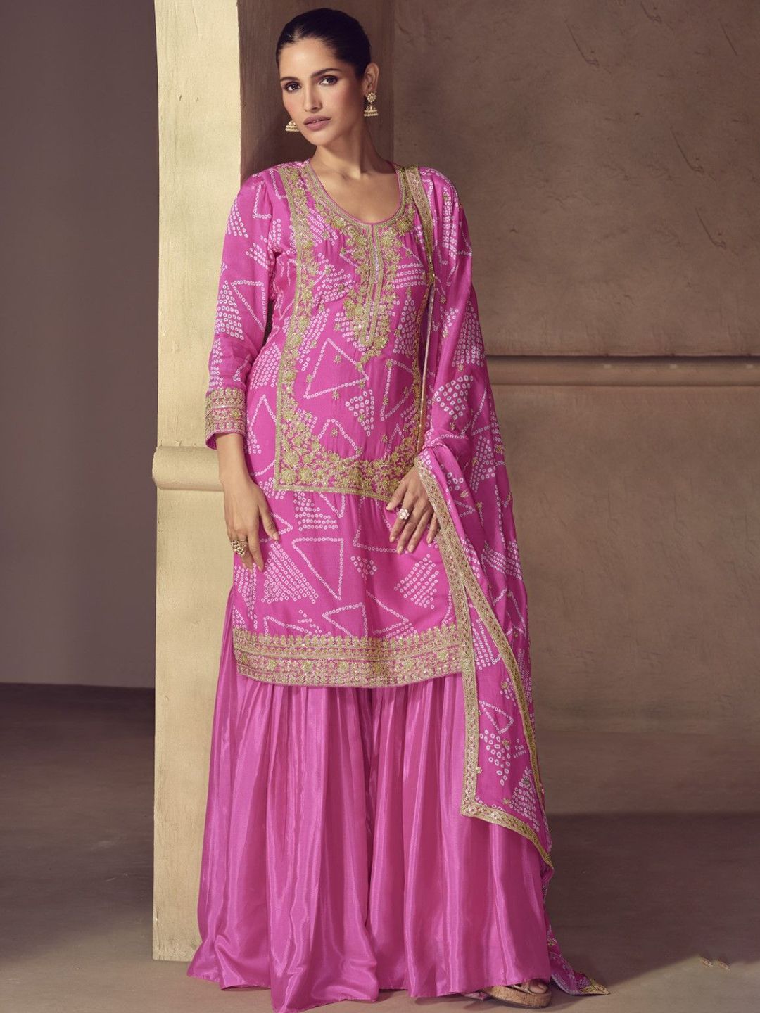 AUTUMN LANE Nimrat Rose Bandhani Printed Sequinned Kurta With Sharara & Dupatta-picture-1