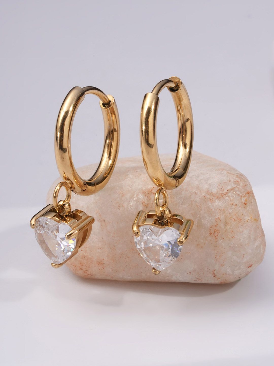 PALMONAS Stainless Steel Gold-Plated Heart Shaped Cubic Zirconia Waterproof Hoop Earrings-picture-25