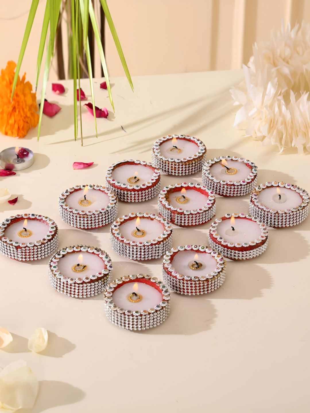 CraftVatika White & Silver-Toned 12 Pieces Ethnic Motifs Round Tea Light Candles-image-42