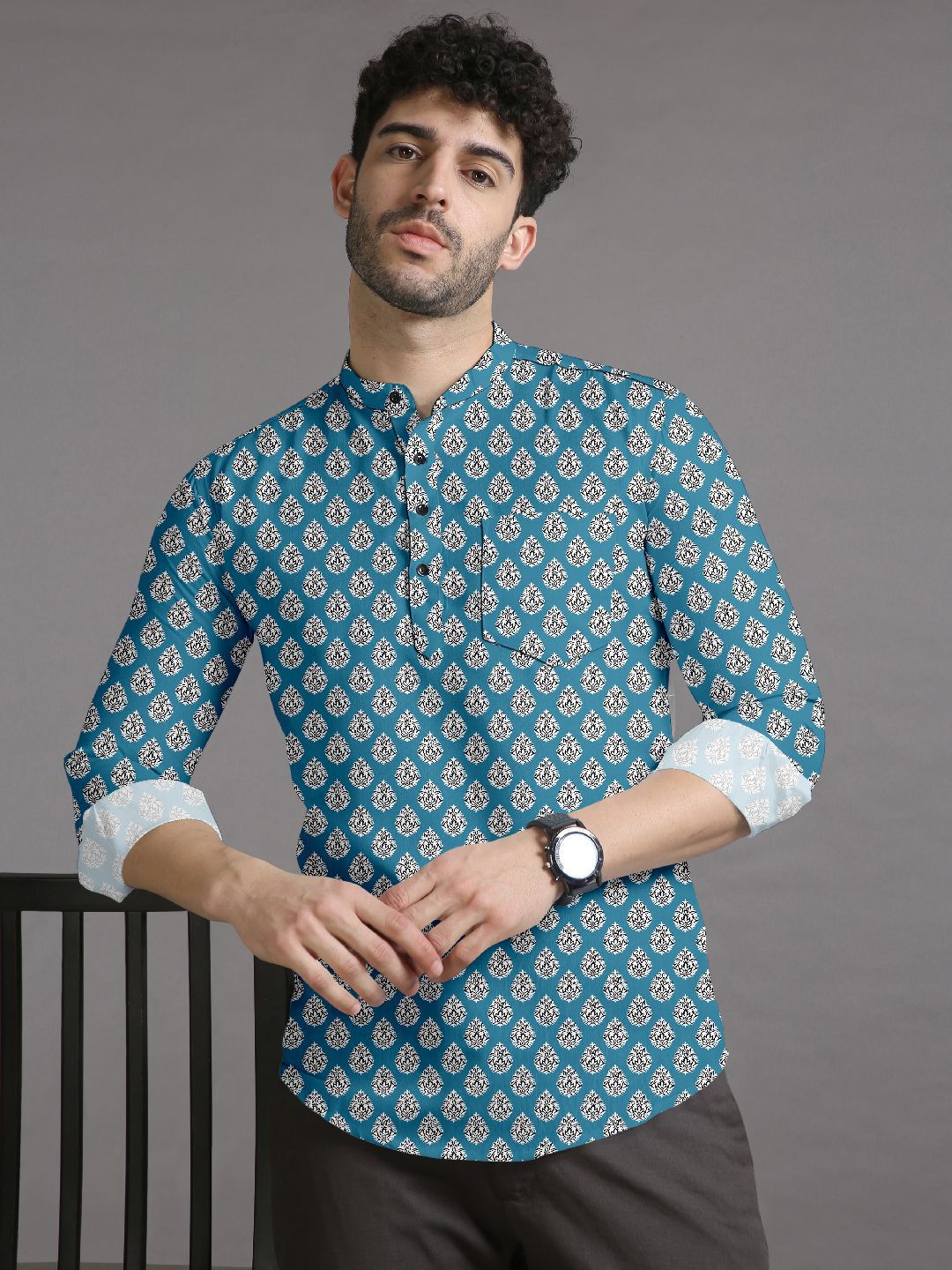Silver Buck Ethnic Motifs Printed Mandarin Collar Straight Kurta-picture-39