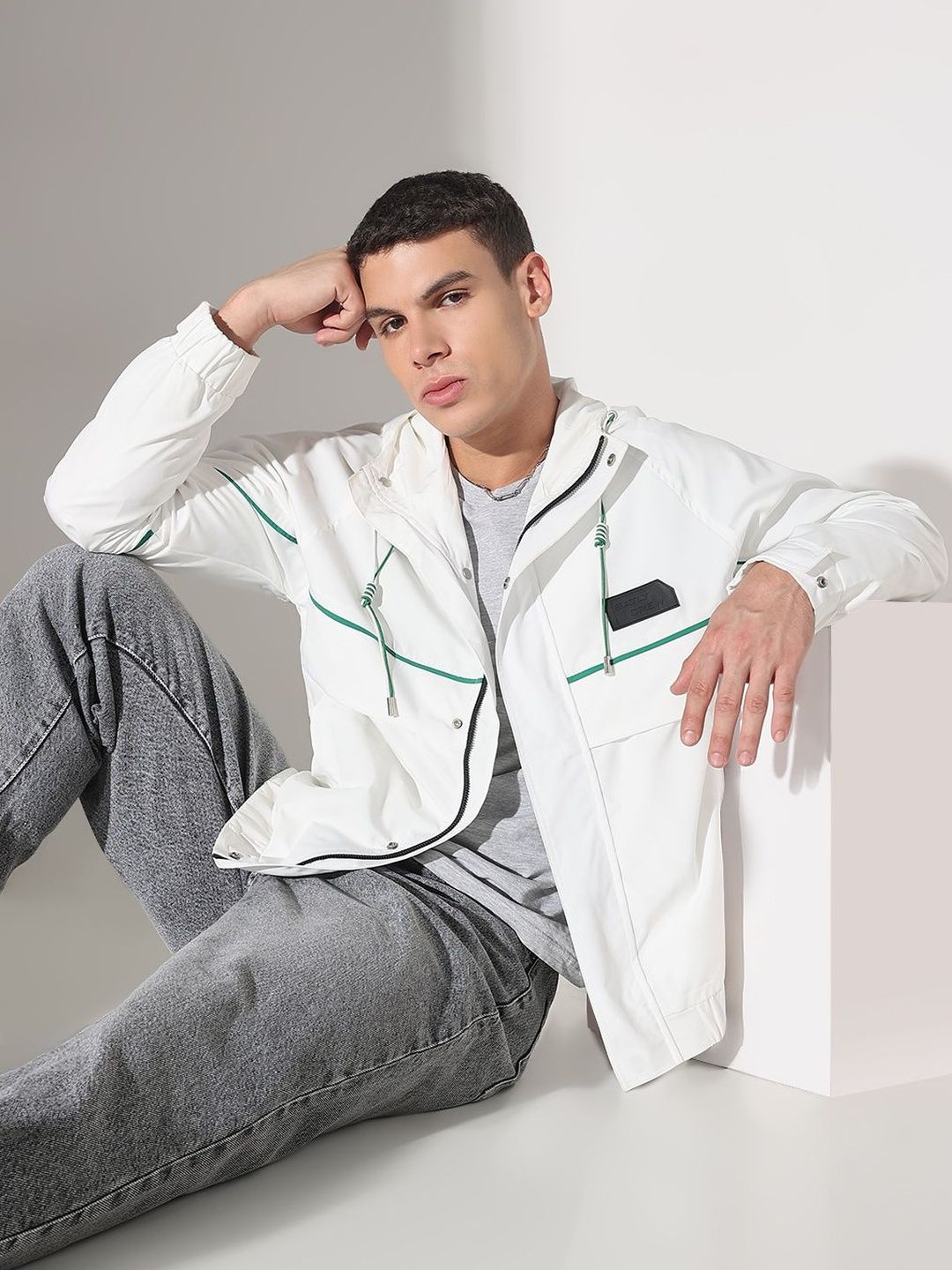 showoffff SHOWOFF Men White & Green Lightweight Hooded Nylon Biker Jacket-picture-23