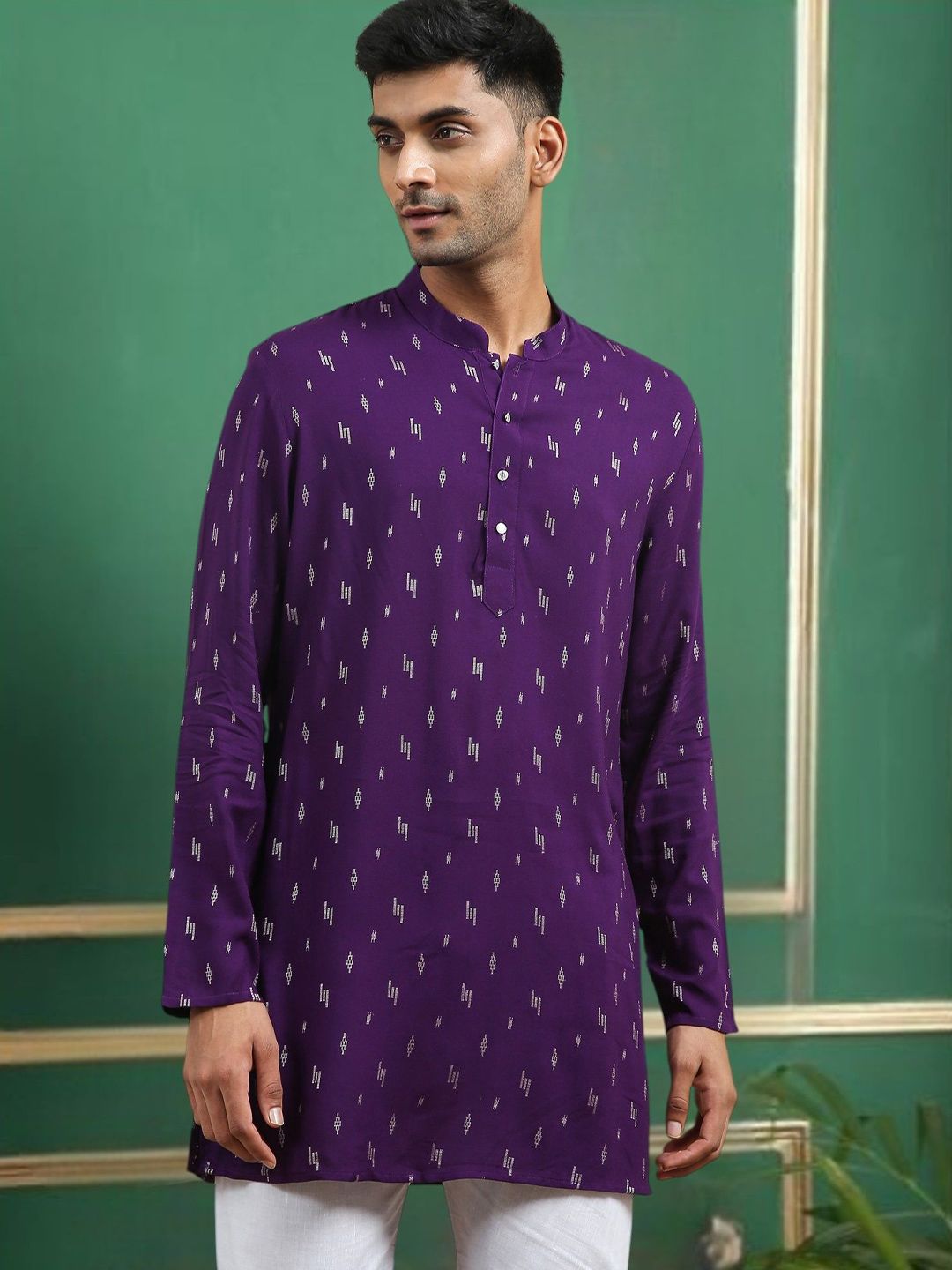 TATTVA Men Geometric Printed Thread Work Jacquard Kurta-picture-13