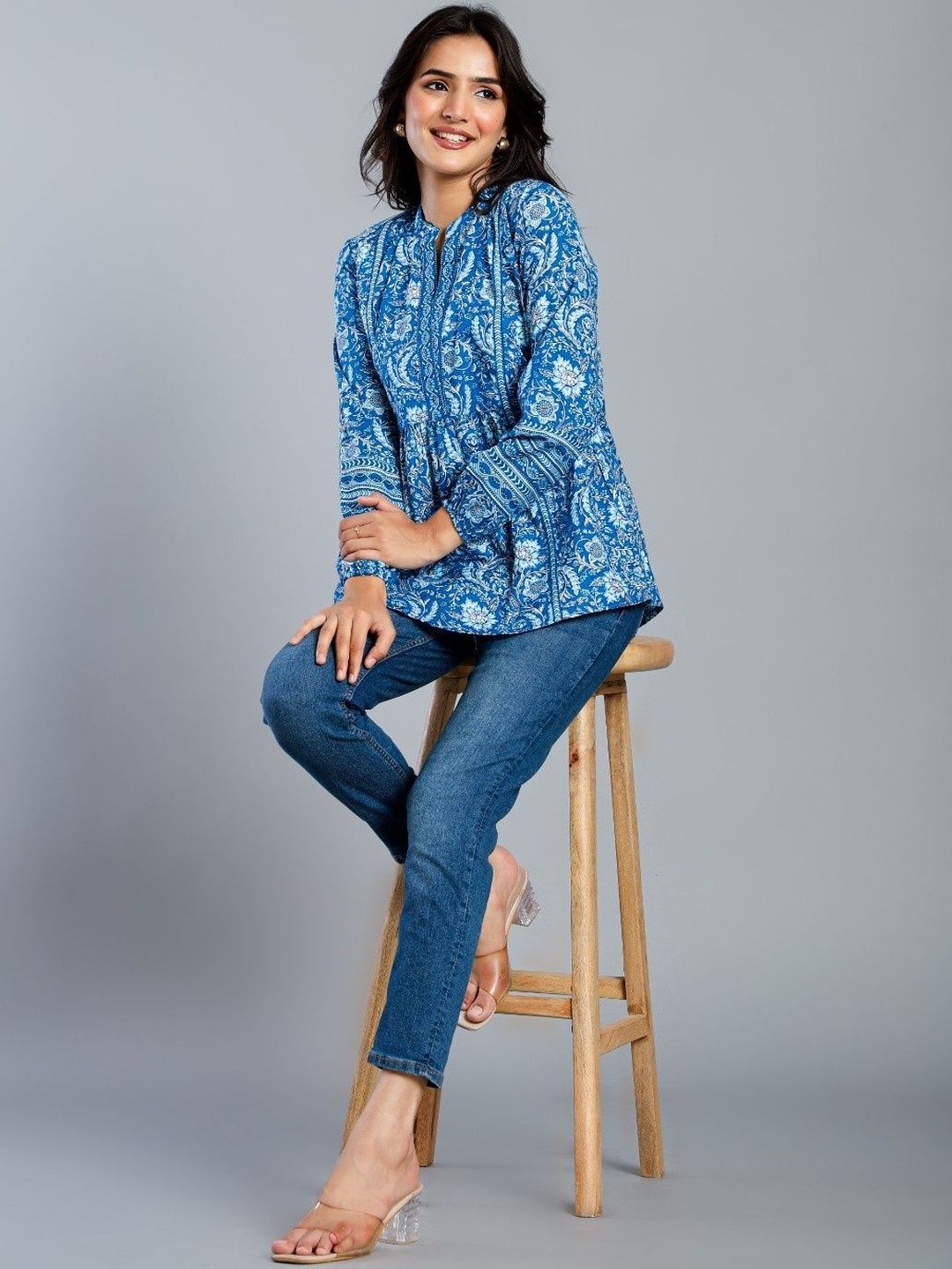 CORSICA Women Ethnic Motifs Print Mandarin Collar Cotton Longline Top-picture-35