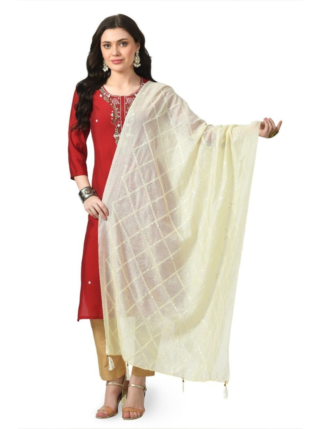 A R SILK DUPATTA HUB Geometric Embroidered Sequinned Chanderi Dupatta-picture-15