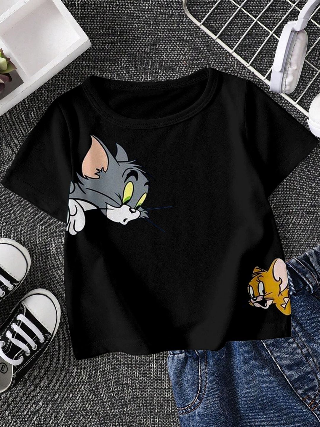 FIONAA TRENDZ Kids Black Tom & Jerry Printed Pure Cotton T-shirt