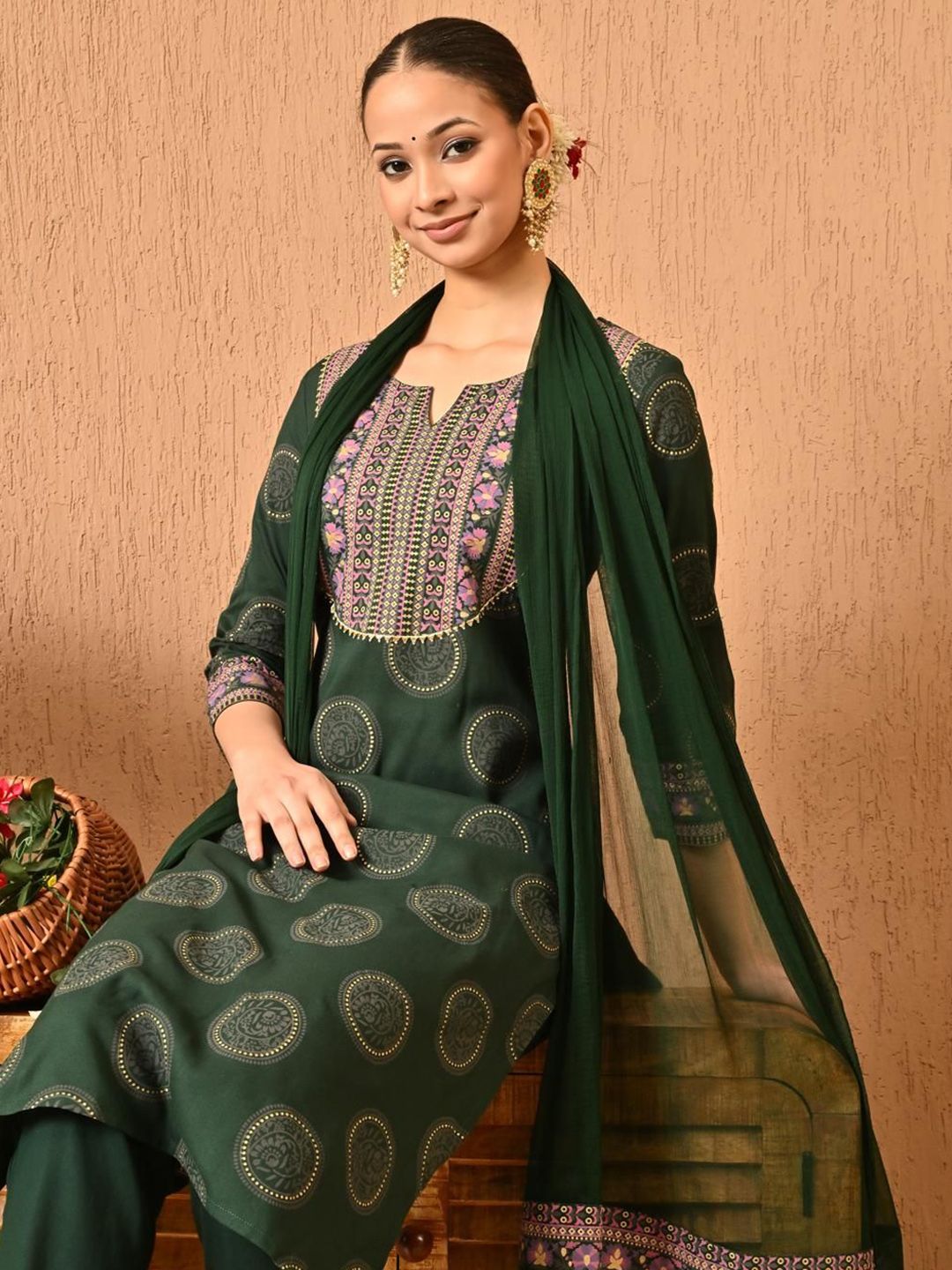 Anouk Rustic Ethnic Motifs Printed Round Neck Straight Kurta With Trousers & Dupatta