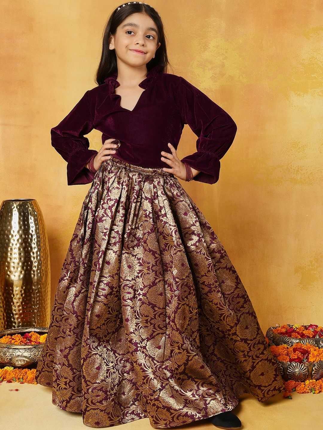 Sangria Girls V-Neck Puffed Sleeves Ready to Wear Lehenga Choli-picture-48