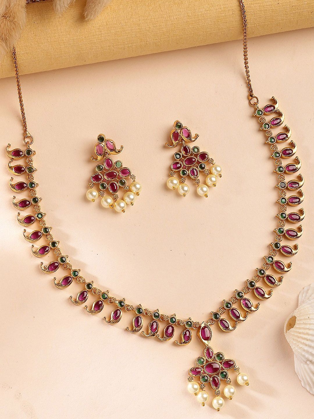 KARATCART Gold Plated Pink and Green Stone Studded & Beaded Necklace with Earrings-picture-27