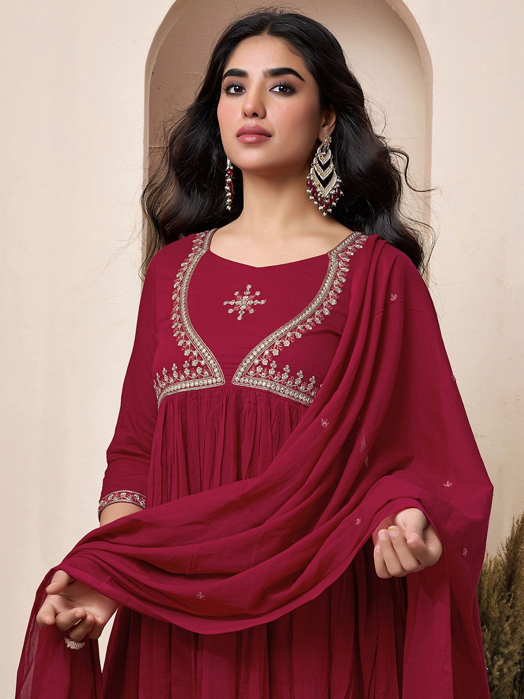 SANISA Women Red Cotton Blend Embroidered Kurta & Trousers With Dupatta