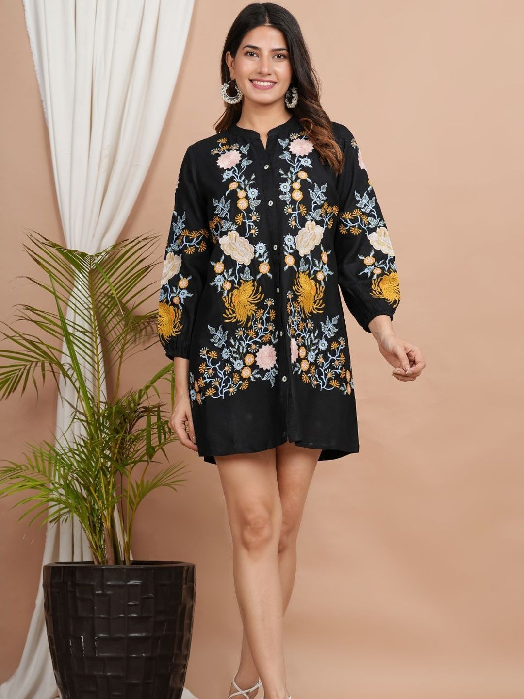 KALINI Women Black Embroidered Cotton Fit and Flare Dresses-image-3