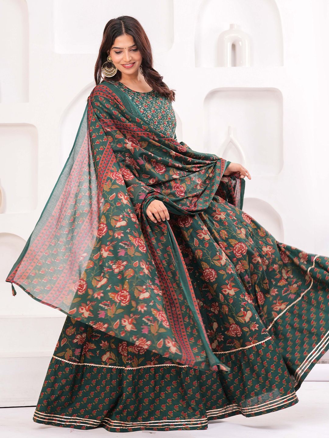 KALINI Women Floral Printed Cotton A-Line Kurti with Skirt & Dupatta