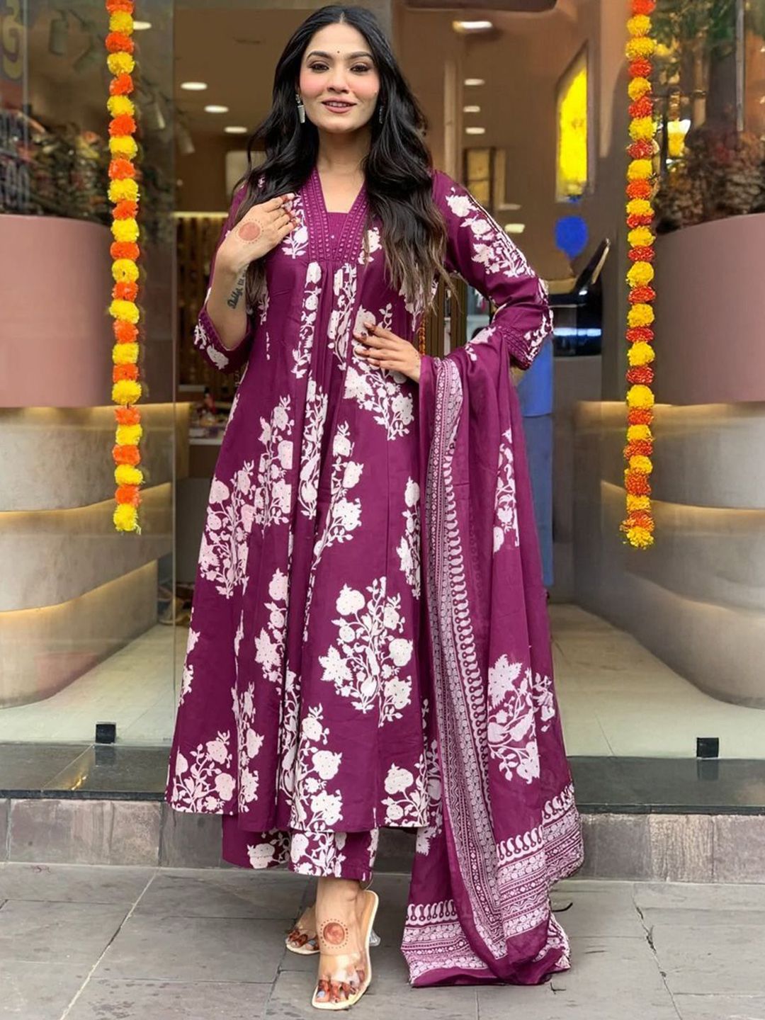 MILAAV Women Floral Printed Cotton Anarkali Kurta with Trousers & Dupatta-picture-37