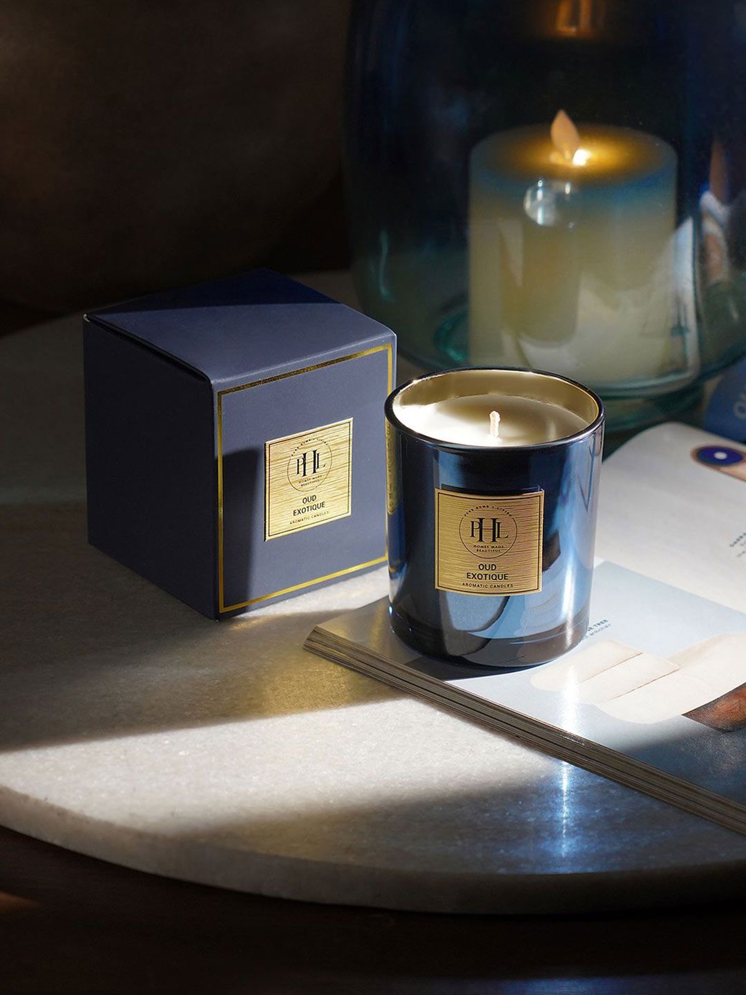 Pure Home and Living Oud Exotic Blue & Gold Toned Printed Scented Jar Candle-picture-37