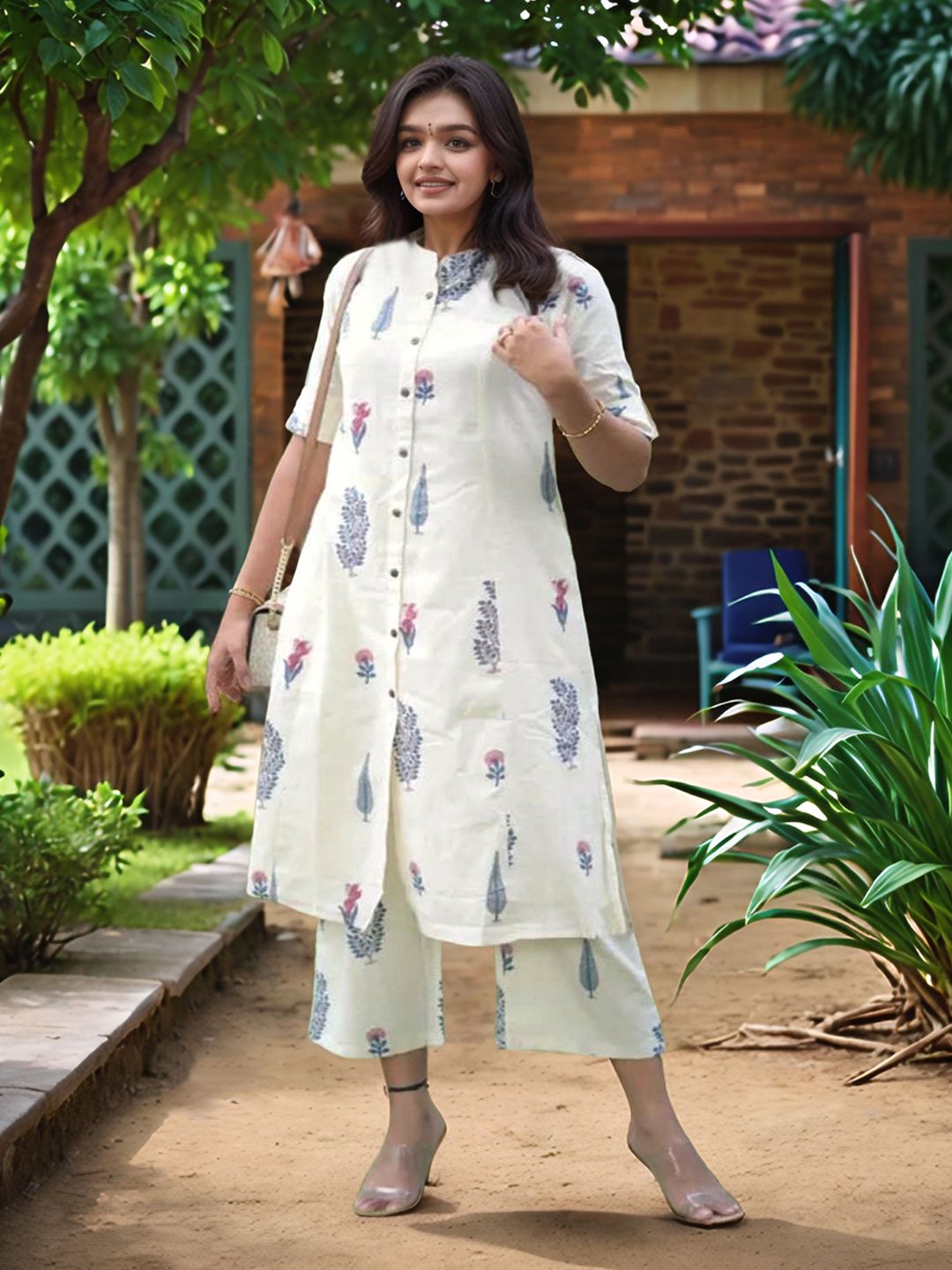 Moda Rapido Floral Printed Mandarin Collar Kurta With Trousers