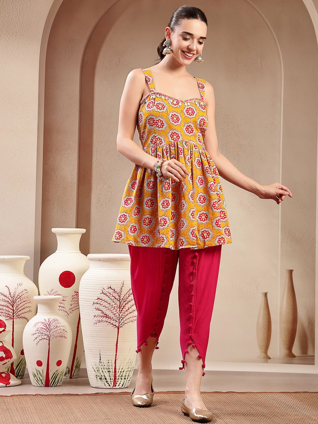 Stylum Women Floral Printed Cotton A-Line Kurta with Dhoti Pant