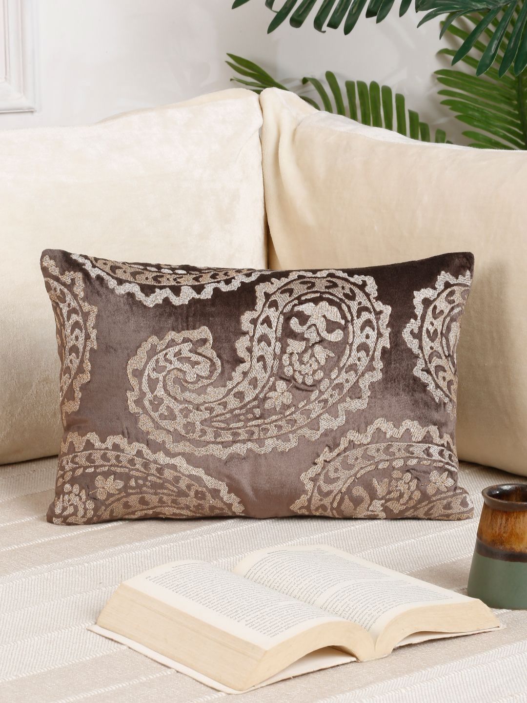 NISRAG HOME Brown & Beige Ethnic Printed Velvet Rectangle Cushion Covers-image-37